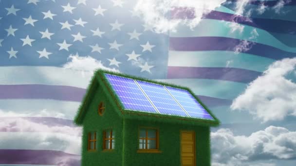 Green Solar House American Flag Background Blue Sky Clouds — Stock Video