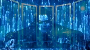 Anonim hacker dizüstü bilgisayar ve hareketlendirilen matris mavi arka plan kodları