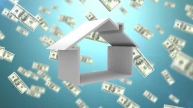 Dolarlarına arkasında hareketli ev simgesi ve mavi arka plan dijital animasyon