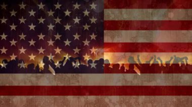 Animasyonlu Amerikan bayrağı arka plan karşı konserde insanlar dans animasyon gölgeler