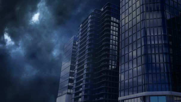 动画黑暗的摩天大楼对动画黑色雷声背景 — 图库视频影像