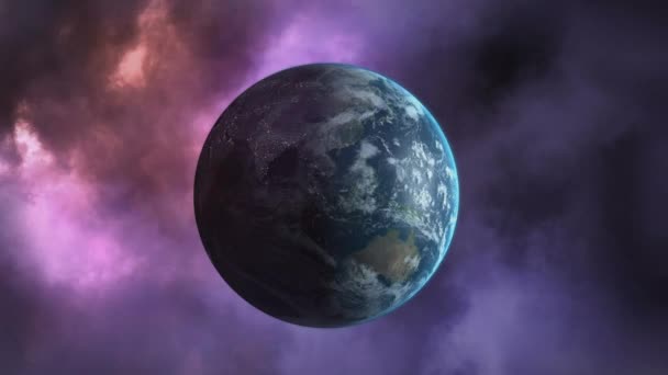 地球反对动画紫色和黑色雷暴背景 — 图库视频影像