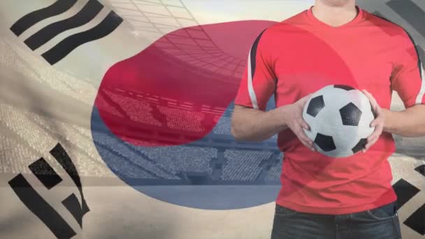 Südkoreanische Flagge Gegen Fußballstadion Und Fußballer Mit Fußball — Stockvideo