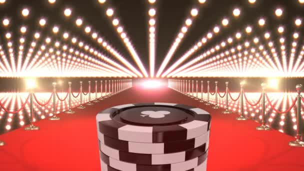 Siyah Poker Fişleri Kırmızı Işıkları Yanıp Sönen Arka Planda Halı — Stok video