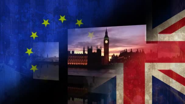 Фотомонтаж Британских Зданий Фоне Анимированных Флагов Великобритании — стоковое видео