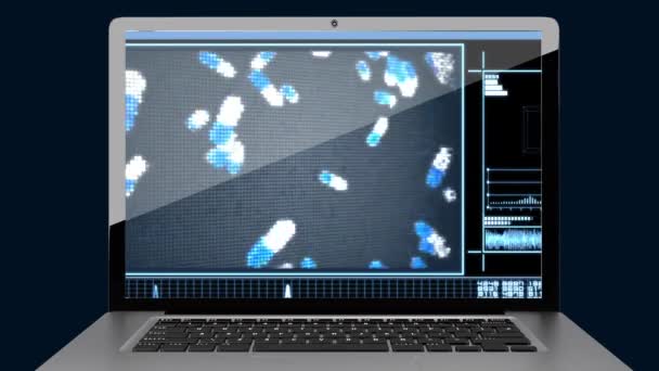 Цифровой Экран Ноутбука Анимированными Таблетками Синем Фоне — стоковое видео