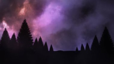 Gece boyunca animasyon gökyüzünde animasyonlu gök gürültüsü karşı kara orman.