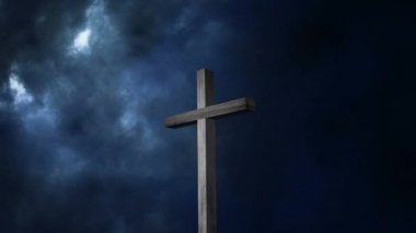 Animasyon ahşap Hıristiyan Haçı Animasyon gök gürültüsü arka planına karşı