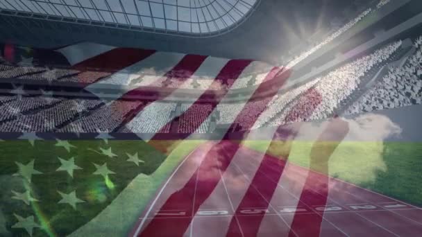 Amerikaanse Vlag Tegen Amerikaanse Voetbal Stadion Achtergrond Van Animatie Voorzien — Stockvideo