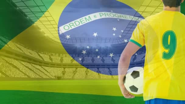 Brasil Bandeira Soprando Vento Estádio Com Jogador Futebol Segurando Futebol — Vídeo de Stock