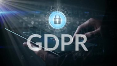 İşadamı tablet mavi animasyonlu Gdpr arka plan karşı kullanma