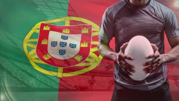 Cyfrowy Kompozytowy Portugalski Rugbysta Gracz Rugby Piłka Przeciwko Flaga Portugalii — Wideo stockowe