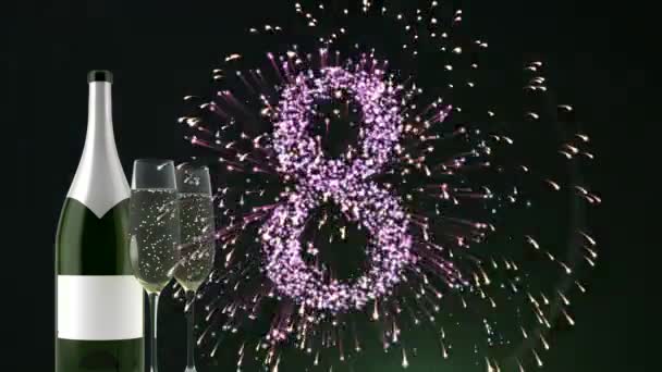 Champagnefles Met Bril Tegen Geanimeerde Vuurwerk Countdown Achtergrond — Stockvideo