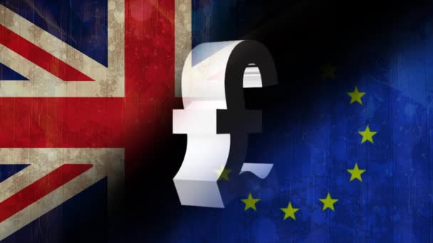 Libra Británica Ardiendo Llamas Contra Fondo Animado Bandera Europea Británica — Vídeo de stock