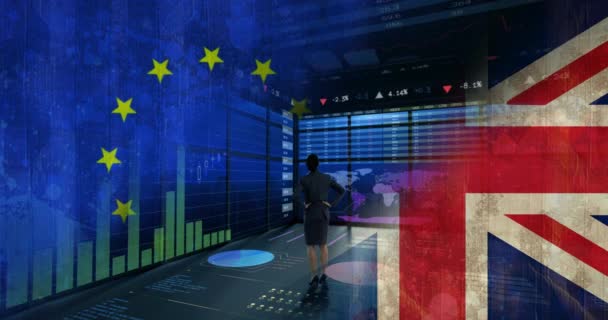 Businesswoman Data Animate Background Britain Flag Baclground — Stock Video