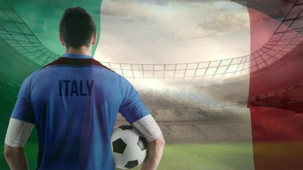 Giocatore Calcio Che Tiene Palla Calcio Contro Digitale Animato Sfondo — Video Stock