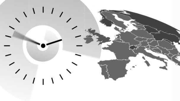アニメの白と黒のヨーロッパ地図に対してアニメーションの刻 と過ぎ時計 — ストック動画