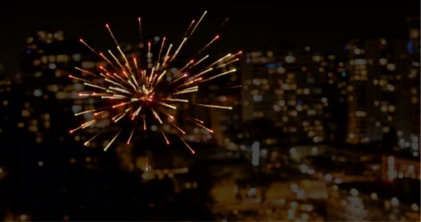 Fuegos Artificiales Animados Contra Horizonte Ciudad Fondo — Vídeos de Stock