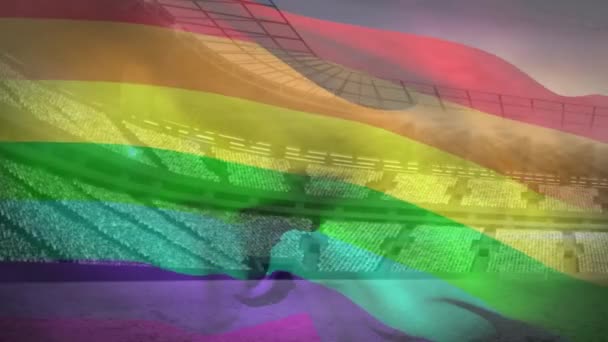 Bandera Arco Iris Animada Soplando Viento Contra Estadio — Vídeos de Stock