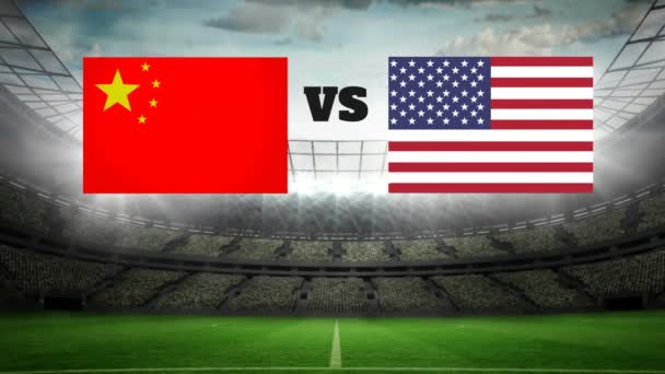 Campo Fútbol Animado Con Luces Con Bandera China Estadounidense — Vídeo de stock