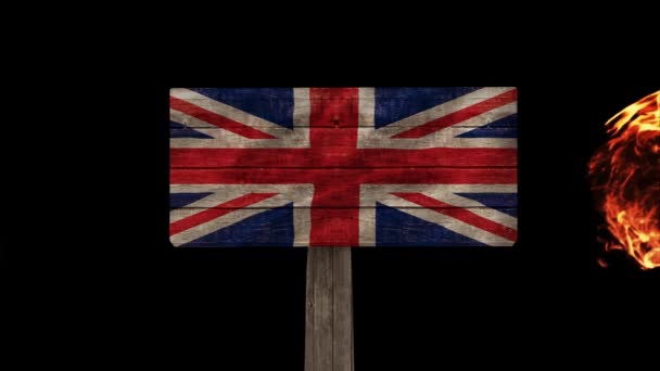 Llamas Fuego Ardientes Contra Fondo Animado Bandera Británica — Vídeos de Stock