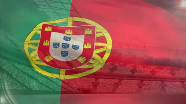Bandeira Portuguesa Flutuando Vento Contra Estádio Futebol Fundo Dia Ensolarado — Vídeo de Stock