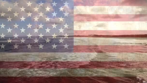 Анімований Американський Прапор Фоні Океанських Хвиль — стокове відео
