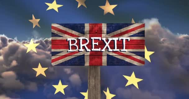 Flaggan Animerade Moln Mot Brexit Logga Storbritannien Flagga Bakgrund — Stockvideo