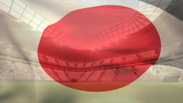 japonské mávání vlajkami ve větru přeplněných fotbalový stadion pozadí