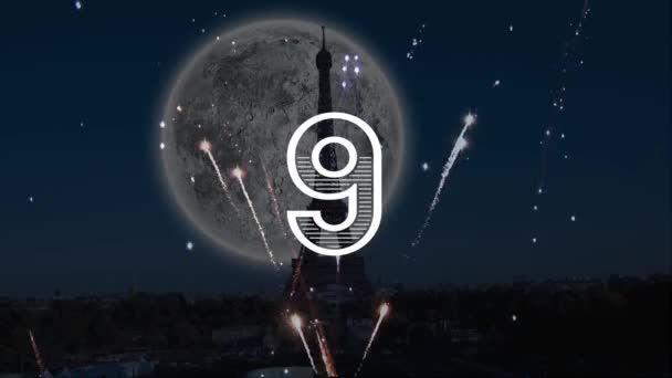 Animated Firework Paris Eiffel Tower Animated Moon — Stock Video