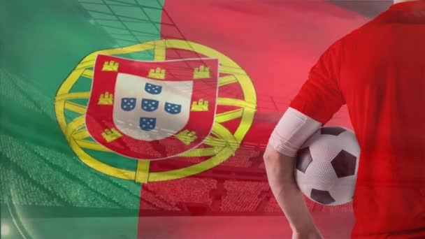 Digitální Složený Člověka Stojí Drží Fotbal Díval Plný Stadion Portugalská — Stock video