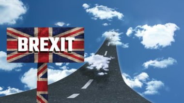 Göğe bulutlar animasyon Brexit işareti karşı İngiltere bayrağı önde animasyonlu sokak