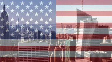 Şehir manzarası ile animasyonlu Amerikan bayrağı arka plan skycrapers