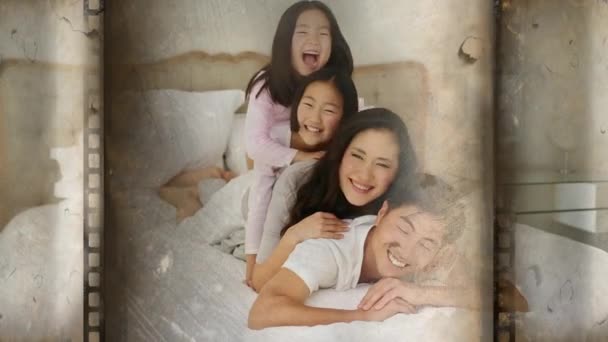 Digital Composite Portrait Cheerful Asian Family Four Lying Each Other — Stock Video