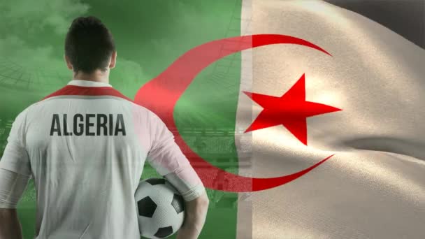 Soccer Player Holding Ball Flag Algeria Waving Wind Soccer Stadium — Stock Video