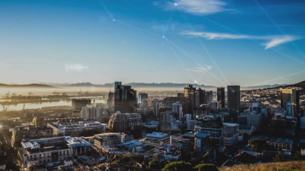 Stedelijke Stad Wolkenkrabbers Tegen Geanimeerde Verbinding Pictogrammen Achtergrond — Stockvideo