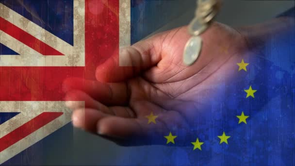 Euros Falling Falling Businessman Hands Animated Britain Flag Background — Stock Video