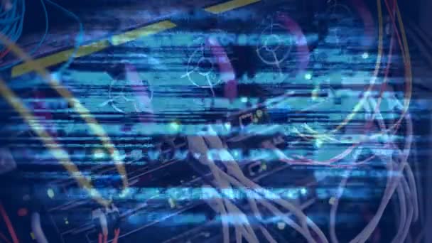 Composite numérique d'animation de données et serveur informatique avec fils sur fond bleu 