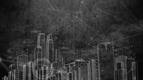 Vue de face de la connexion de ligne abstraite avec fond de ville dessiné 