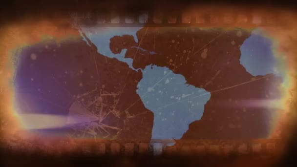 Старая Кинолента Показывающая Анимированную Карту Мира Огнями — стоковое видео