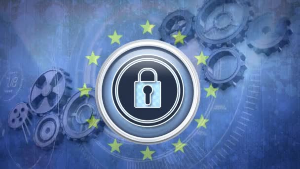 Icone Sicurezza Internet Sullo Sfondo Della Bandiera Europea Animata Digitale — Video Stock