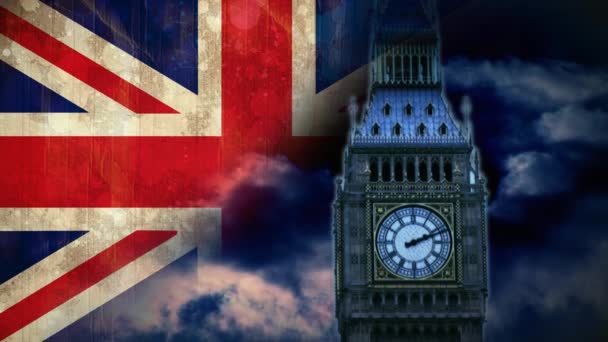 Μπιγκ Μπεν Σύννεφα Κινουμένων Σχεδίων Βρετανικής Σημαίας Φόντο — Αρχείο Βίντεο
