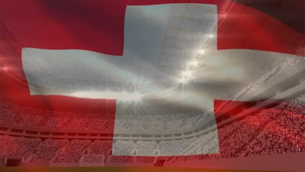 Animerade Schweiz Flagga Mot Digitalt Animerade Football Stadium Bakgrund — Stockvideo