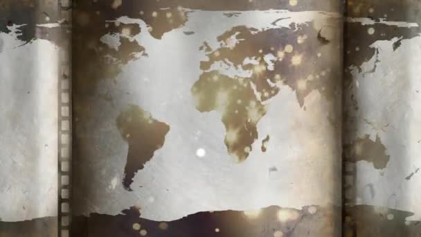 Old Movie Tape Showing Animated World Map Lights — Stock Video