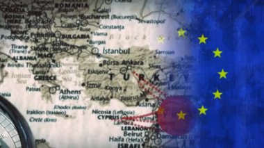 Pusula animasyonlu AB bayrağı arka plan ile dünya haritası üzerinde kırmızı noktalar