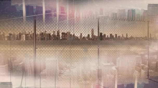 Digital Composite Barb Wired Fence City Skyline Sunny Day — Stock Video