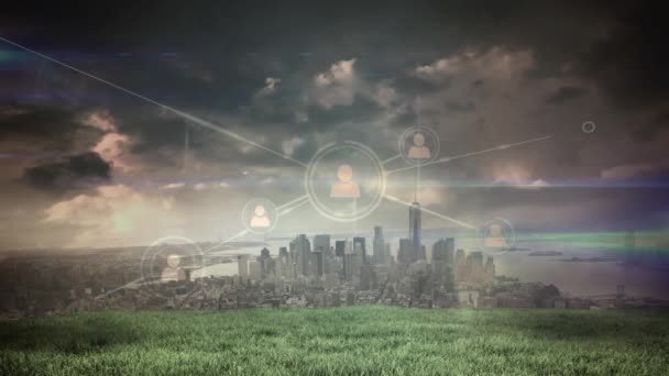 Composto Digital Cidade Grande Com Conexões Animadas — Vídeo de Stock