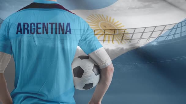 Digital Komposit Fotbollspelare Som Håller Fotboll Mot Viftande Argentinsk Flagg — Stockvideo