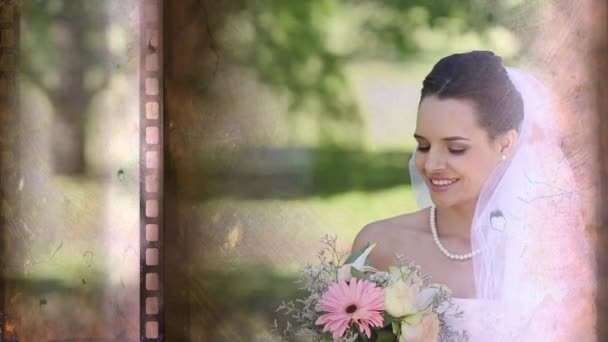 Old Movie Tape Showing Bride Wedding Day Smiling — Stock Video