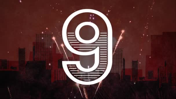 Geanimeerde Countdown Met Vuurwerk Tegen Geanimeerde Rode Stad Skyline Achtergrond — Stockvideo